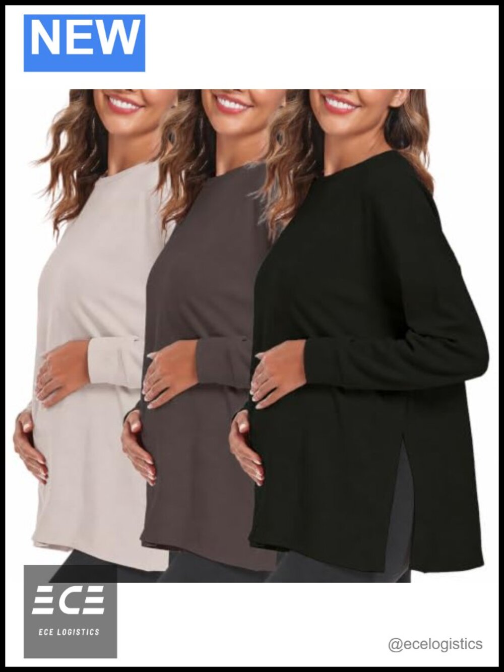 Maternity Long Sleeve Side Split Round Neck Pregnancy Top